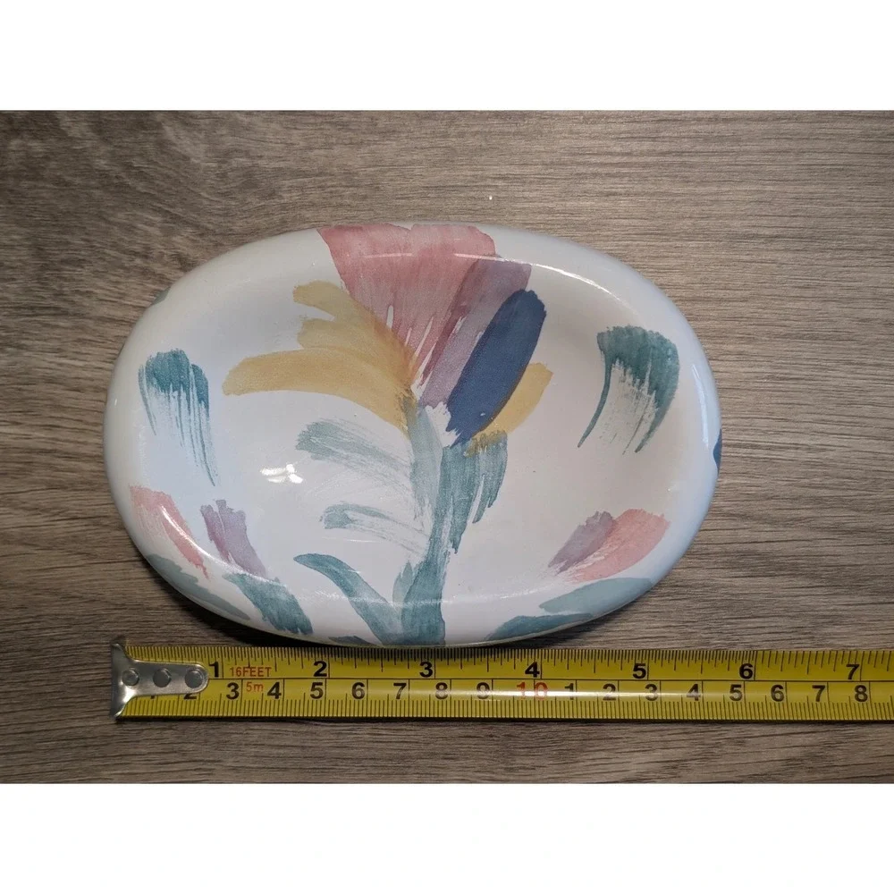Vintage Ceramic‎ Soap Dish Riviera Hand Painted USA White Abstract Floral Pastel